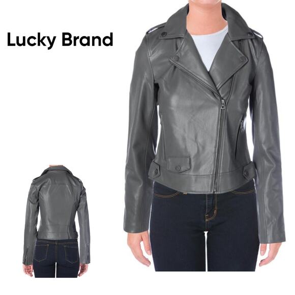 Lucky Brand Vegan Faux Leather Gray Silver Moto Jacket - NWT, Small - Picture 11 of 13